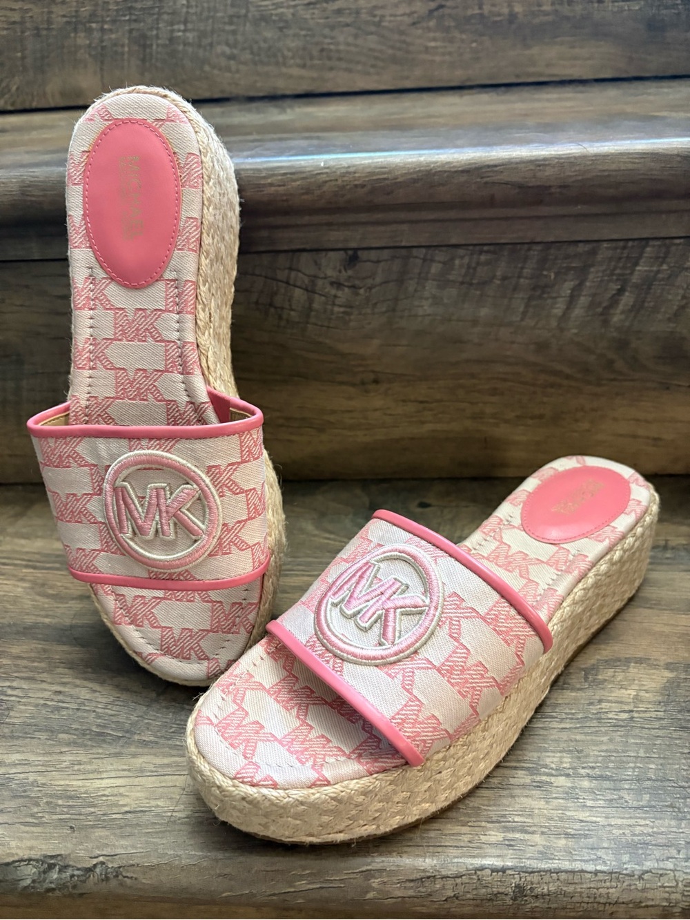 Michael Kors Pink Logo Espadrille Platform Slides